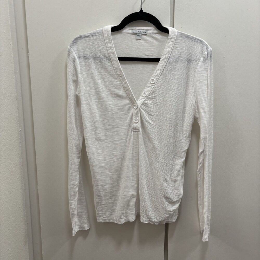 James Perse Women’s Sz 2 Medium White Long Sleeve Slub Jersey Henley Top